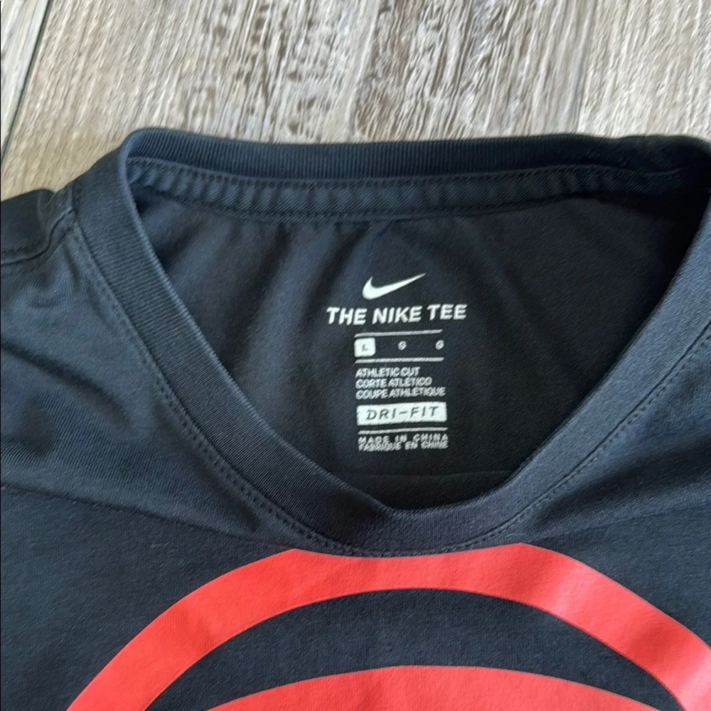 Nike Black Short Sleeve Tee with Red-Orange Swoosh Basketball Logo